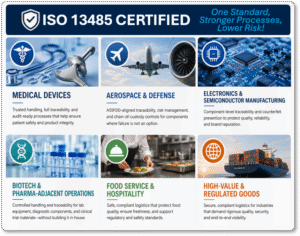 Warehouse worker packing precision electronics, illustrating ISO 13485-certified logistics beyond medical devices