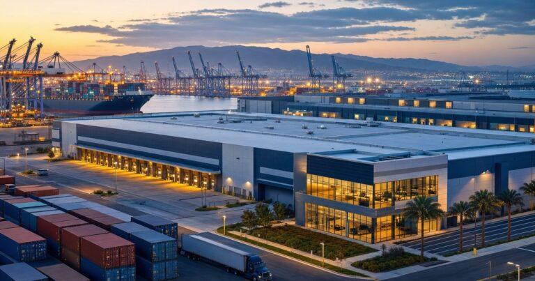 San Diego 3PL warehouse and shipping port at dusk with container ship and cranes