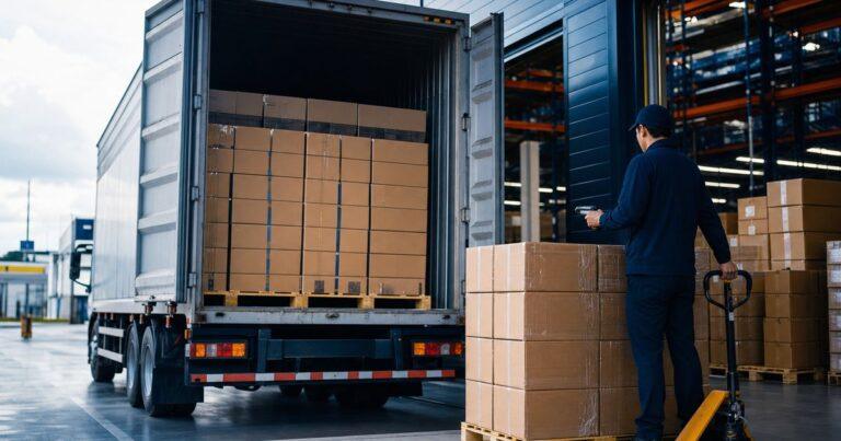 3PL warehouse worker loading shipping boxes onto a delivery truck to reduce shipping costs