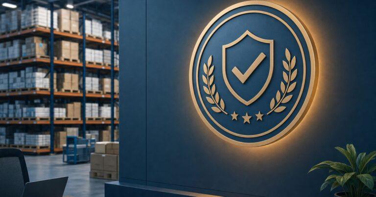 ISO 13485 certification badge displayed in a medical device 3PL warehouse