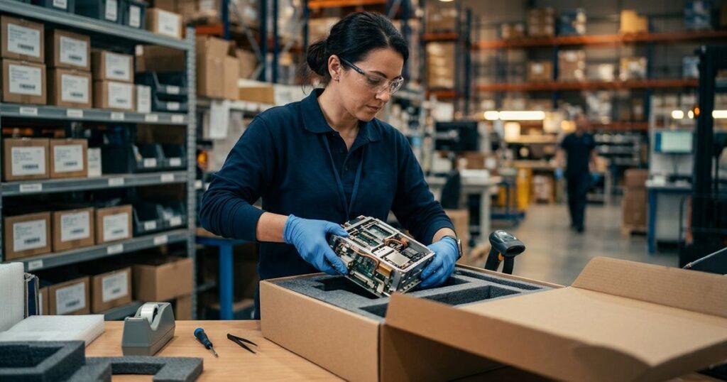 Warehouse worker packing precision electronics, illustrating ISO 13485-certified logistics beyond medical devices