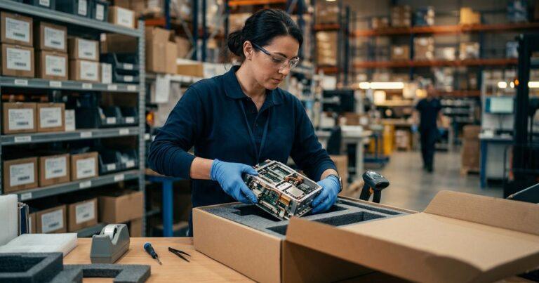 Warehouse worker packing precision electronics, illustrating ISO 13485-certified logistics beyond medical devices