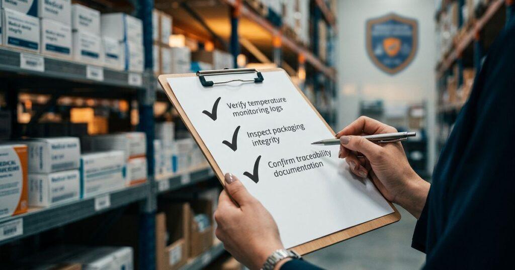 Compliance auditor reviewing a checklist for vetting an ISO 13485-certified 3PL in a medical device warehouse